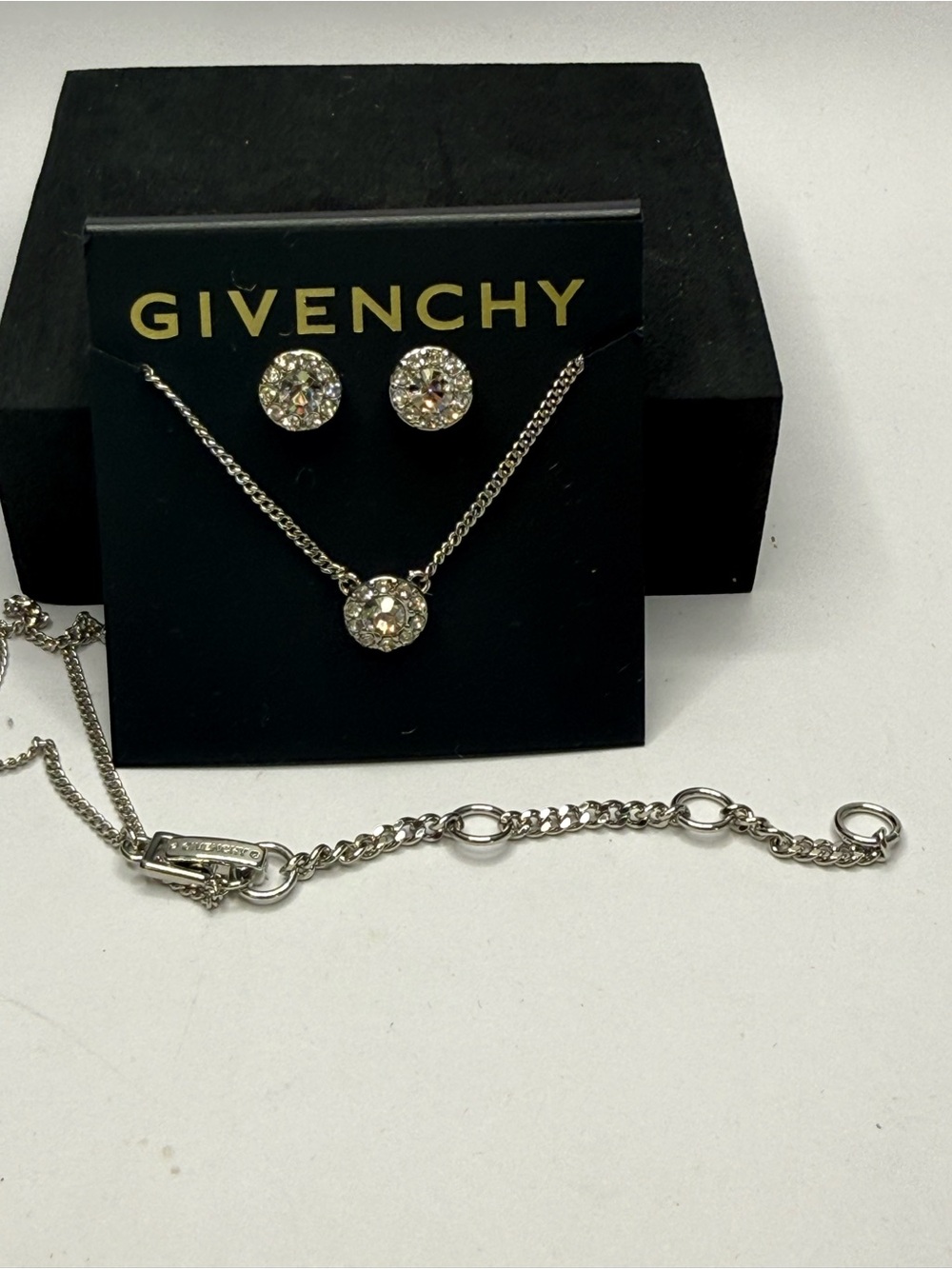 Givenchy Silver Crystal Pendant Necklace with Matching Stud Earrings - Silver